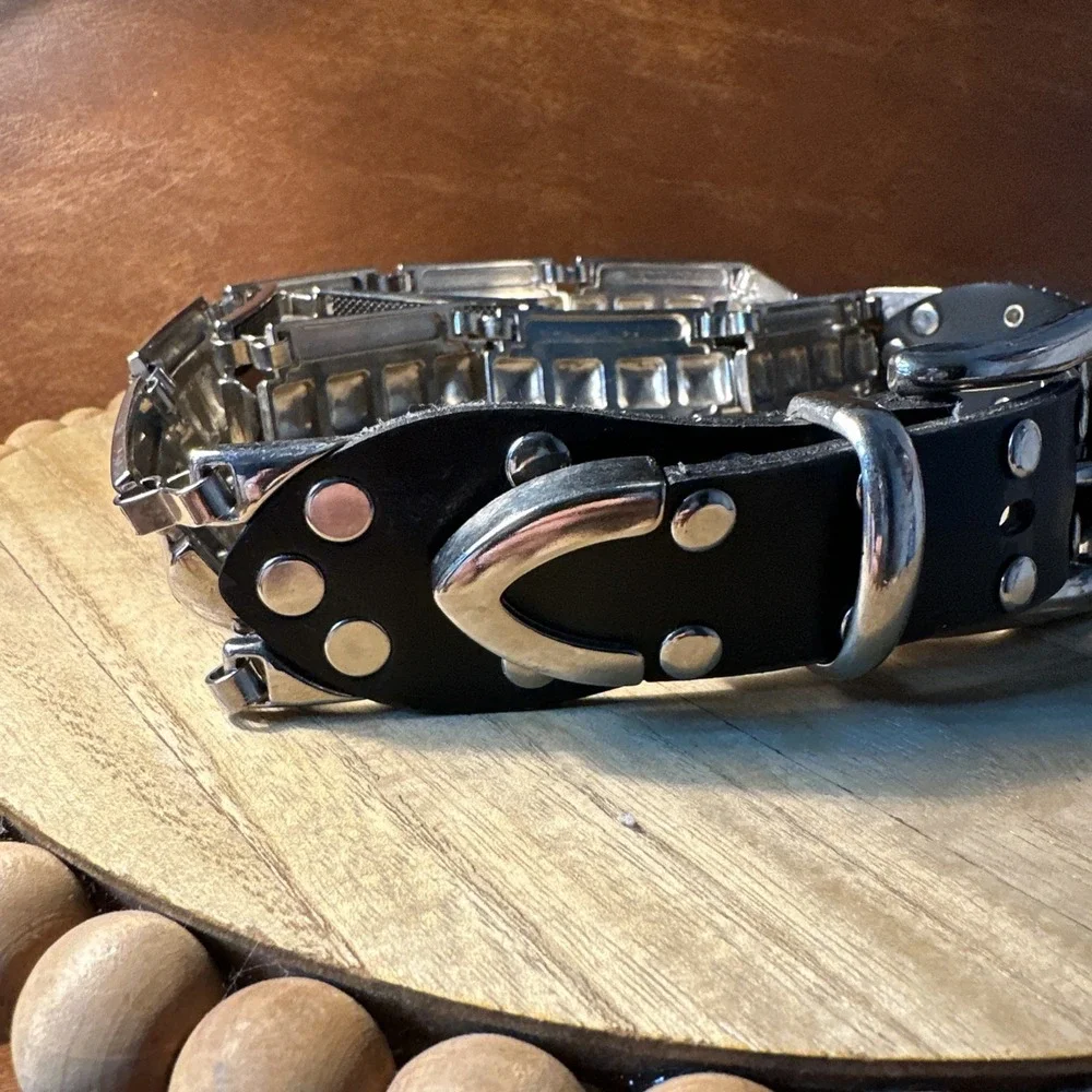 Vintage Stainless Steel & Leather Heavy Metal Leather Punk Goth Belt And Buckle